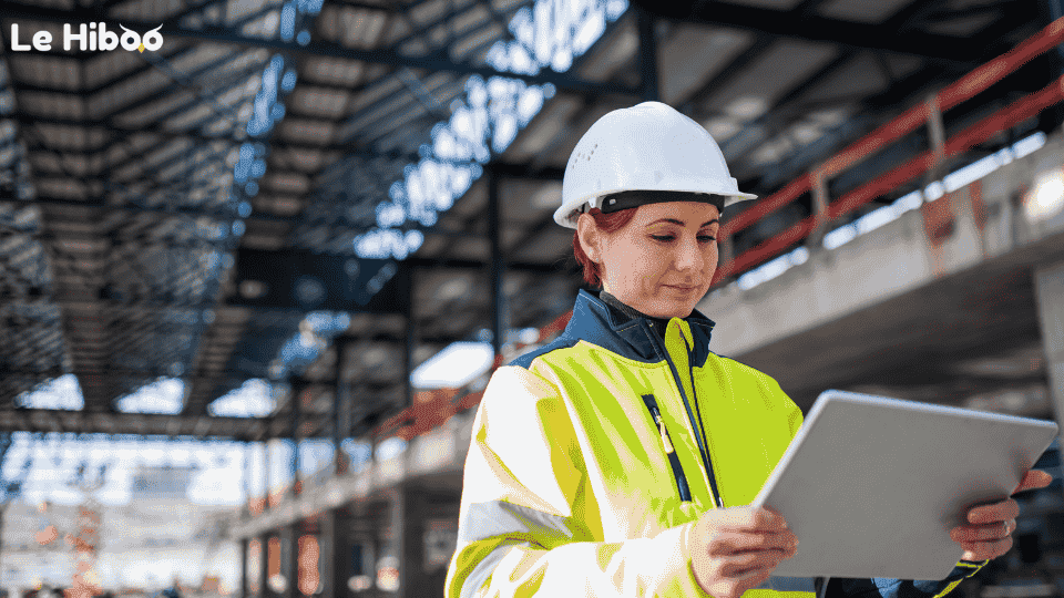 Femme dans un chantier de construction batiment Femme dans un chantier de construction batiment