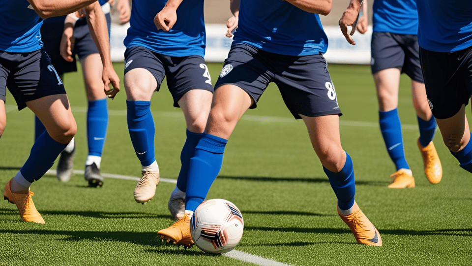 Match de football avec joueurs tapant dans un ballon